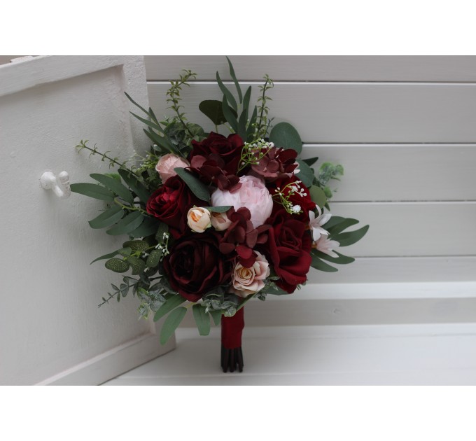 Wedding Bouquets in Burgundy & Blush Pink | Cascading Faux Bridal & Bridesmaid Bouquets