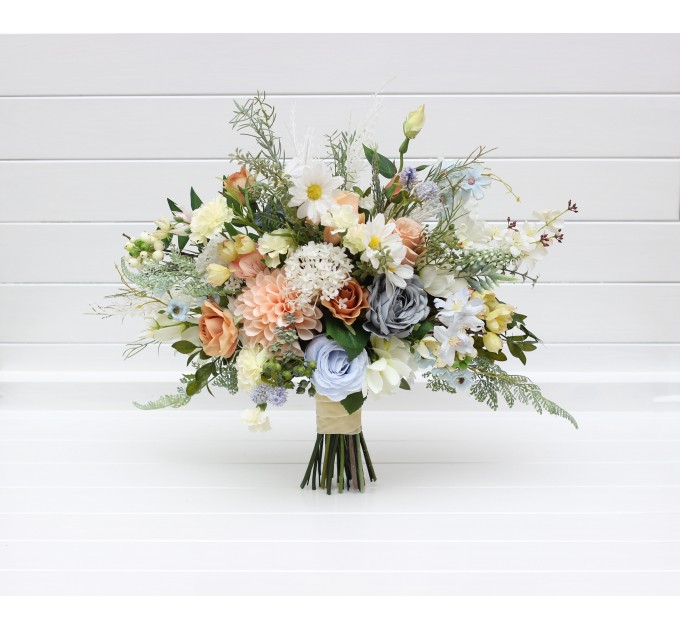 Spring & Summer Wedding Bouquets in Ivory, Yellow, Peach & Dusty Blue | Faux Cascading Bridal & Bridesmaid Wildflower Bouquets