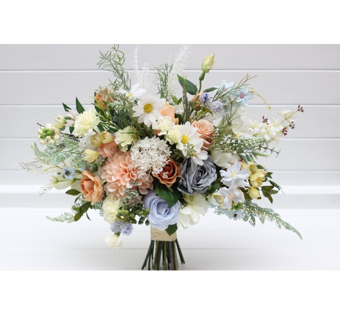 Spring & Summer Wedding Bouquets in Ivory, Yellow, Peach & Dusty Blue | Faux Cascading Bridal & Bridesmaid Wildflower Bouquets