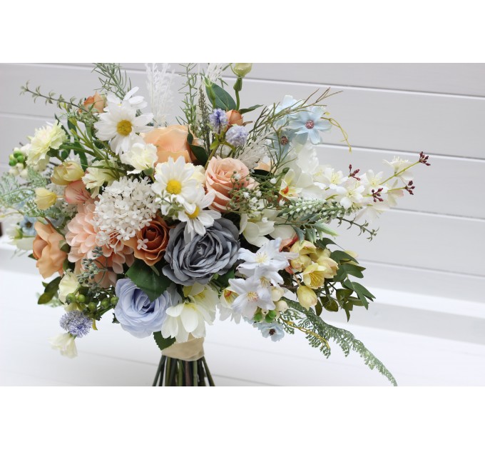 Spring & Summer Wedding Bouquets in Ivory, Yellow, Peach & Dusty Blue | Faux Cascading Bridal & Bridesmaid Wildflower Bouquets
