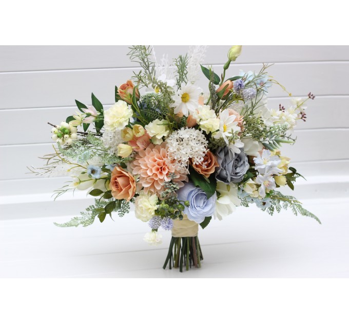 Spring & Summer Wedding Bouquets in Ivory, Yellow, Peach & Dusty Blue | Faux Cascading Bridal & Bridesmaid Wildflower Bouquets