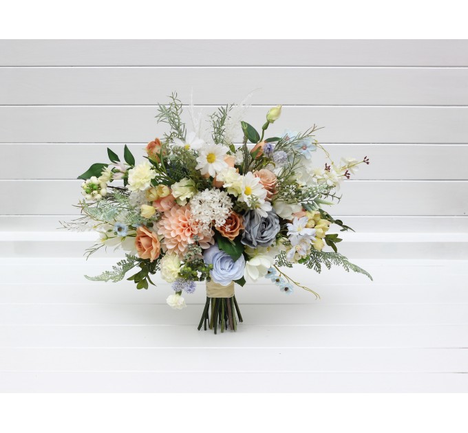 Spring & Summer Wedding Bouquets in Ivory, Yellow, Peach & Dusty Blue | Faux Cascading Bridal & Bridesmaid Wildflower Bouquets