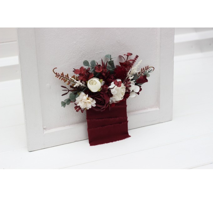 Pocket boutonniere in burgundy ivory color scheme. Flower accessories. Pocket flowers. Square flowers. 0040