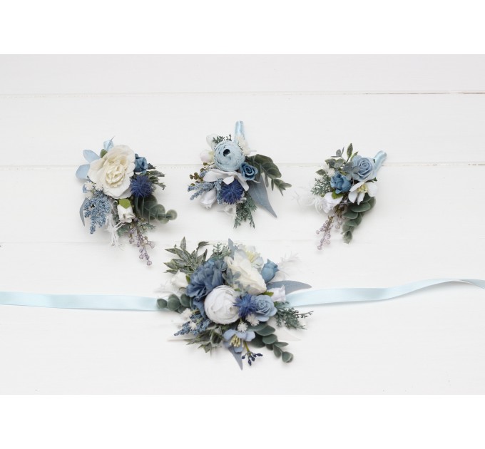 Wedding Boutonnieres & Wrist Corsage in Dusty Blue & White | Faux Flower Accessories