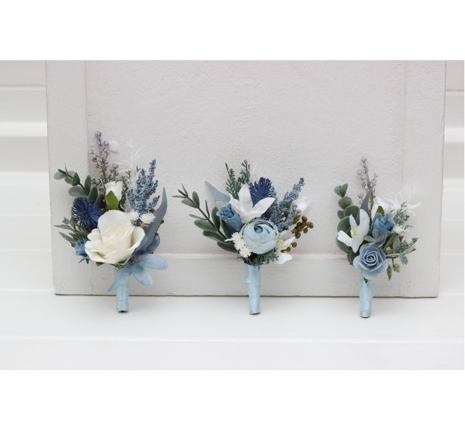 Wedding Boutonnieres & Wrist Corsage in Dusty Blue & White | Faux Flower Accessories