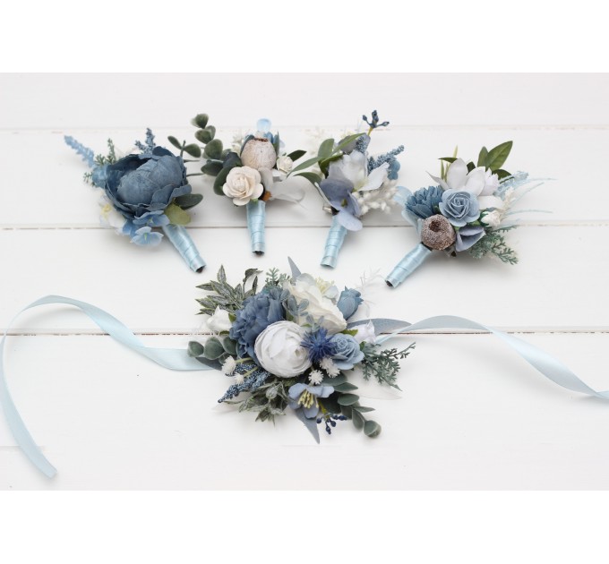 Wedding Boutonnieres in Dusty Blue & White | Faux Flower Accessories