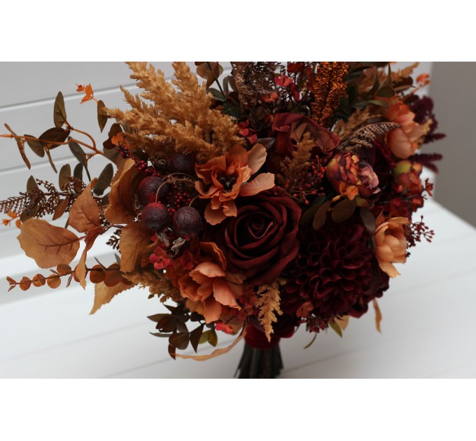 Wedding Bouquets in Burgundy, Deep Red & Burnt Orange – Faux Bridal Flowers