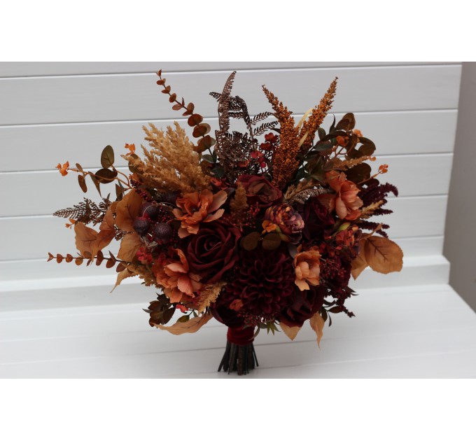 Wedding Bouquets in Burgundy, Deep Red & Burnt Orange – Faux Bridal Flowers