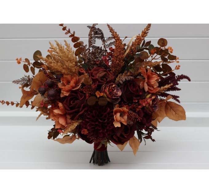 Wedding Bouquets in Burgundy, Deep Red & Burnt Orange – Faux Bridal Flowers