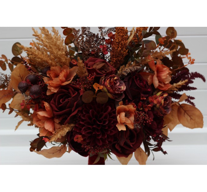 Wedding Bouquets in Burgundy, Deep Red & Burnt Orange – Faux Bridal Flowers