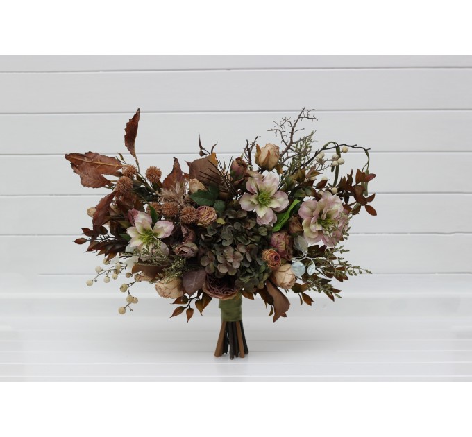 Wedding Bouquets in Dark Olive, Brown & Ivory | Faux Bridal & Bridesmaid Cascading Bouquets