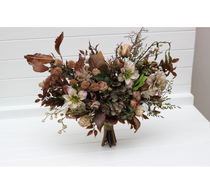 Wedding Bouquets in Dark Olive, Brown & Ivory | Faux Bridal & Bridesmaid Cascading Bouquets