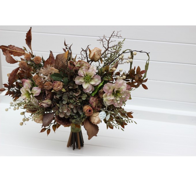 Wedding Bouquets in Dark Olive, Brown & Ivory | Faux Bridal & Bridesmaid Cascading Bouquets