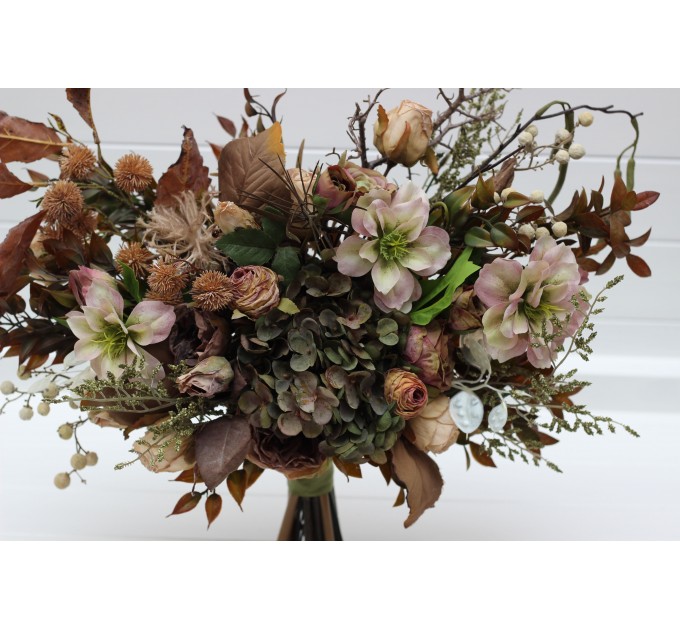 Wedding Bouquets in Dark Olive, Brown & Ivory | Faux Bridal & Bridesmaid Cascading Bouquets