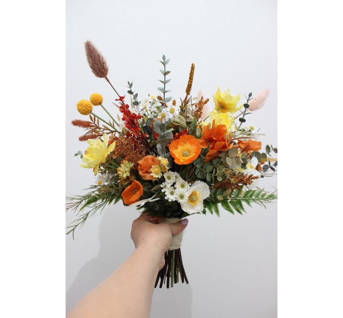 Wildflower Bridal Bouquet in Burnt Orange, Yellow & Ivory | Faux Chamomile & Poppy Wedding Flowers