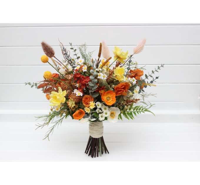 Wildflower Bridal Bouquet in Burnt Orange, Yellow & Ivory | Faux Chamomile & Poppy Wedding Flowers