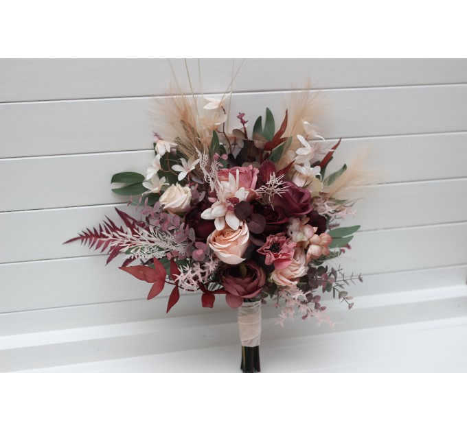 Wedding Bouquets in Burgundy, Dusty Rose & Blush Pink | Faux Bridal & Bridesmaid Cascading Bouquets