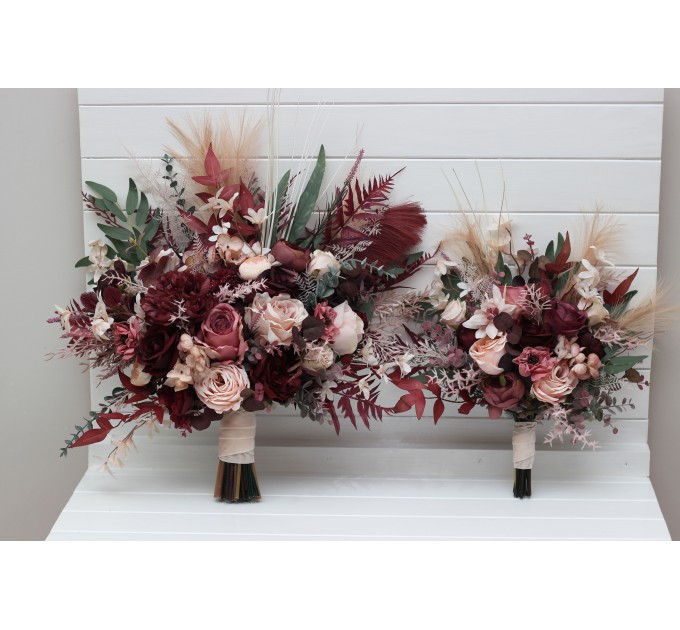 Wedding Bouquets in Burgundy, Dusty Rose & Blush Pink | Faux Bridal & Bridesmaid Cascading Bouquets
