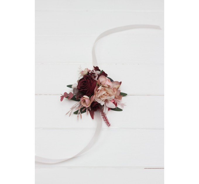 Wedding Boutonnieres & Wrist Corsage in Burgundy, Dusty Rose & Blush Pink | Faux Flower Accessories