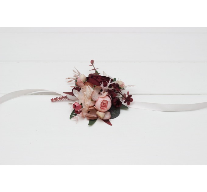  Wedding boutonnieres and wrist corsage  in burgundy dusty rose blush pink color scheme. Flower accessories. 5256