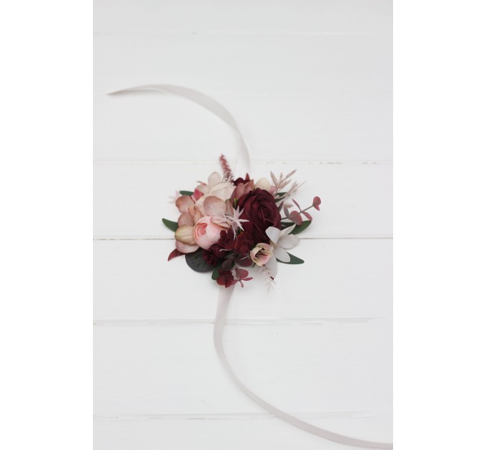 Wedding Boutonnieres & Wrist Corsage in Burgundy, Dusty Rose & Blush Pink | Faux Flower Accessories