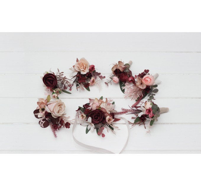 Wedding Boutonnieres & Wrist Corsage in Burgundy, Dusty Rose & Blush Pink | Faux Flower Accessories
