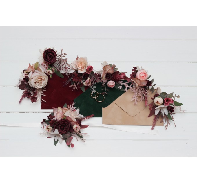 Wedding Boutonnieres & Wrist Corsage in Burgundy, Dusty Rose & Blush Pink | Faux Flower Accessories