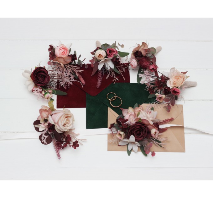 Wedding Boutonnieres & Wrist Corsage in Burgundy, Dusty Rose & Blush Pink | Faux Flower Accessories