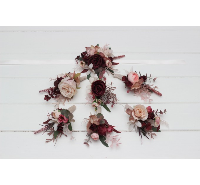 Wedding Boutonnieres & Wrist Corsage in Burgundy, Dusty Rose & Blush Pink | Faux Flower Accessories