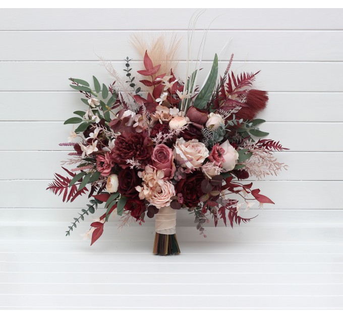 Wedding bouquets in burgundy dusty rose blush pink colors. Bridal bouquet. Cascading bouquet. Faux bouquet. Bridesmaid bouquet. 5256