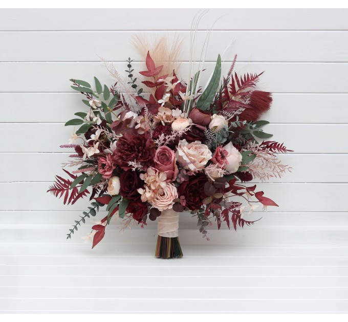 Wedding Bouquets in Burgundy, Dusty Rose & Blush Pink | Faux Bridal & Bridesmaid Cascading Bouquets