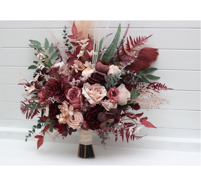 Wedding Bouquets in Burgundy, Dusty Rose & Blush Pink | Faux Bridal & Bridesmaid Cascading Bouquets