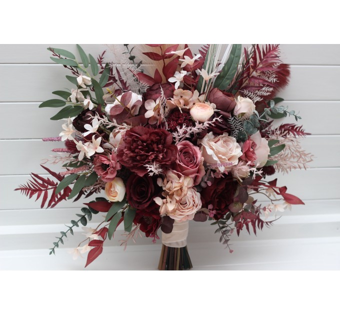 Wedding Bouquets in Burgundy, Dusty Rose & Blush Pink | Faux Bridal & Bridesmaid Cascading Bouquets