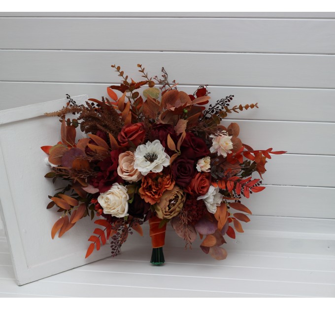 Wedding Bouquets in Rust, Burgundy & White | Faux Bridal & Bridesmaid Bouquets