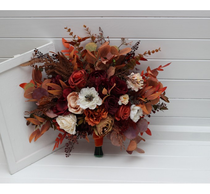 Wedding Bouquets in Rust, Burgundy & White | Faux Bridal & Bridesmaid Bouquets