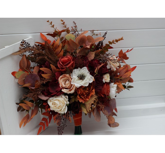 Wedding Bouquets in Rust, Burgundy & White | Faux Bridal & Bridesmaid Bouquets