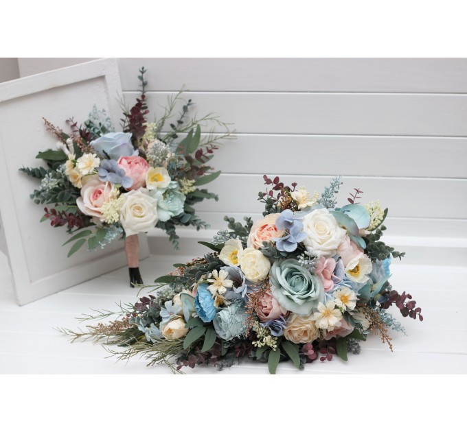 Summer Wedding Wildflower Cascading Bouquet | Dusty Blue, Blush Pink & Yellow Faux Bridal & Bridesmaid Bouquets