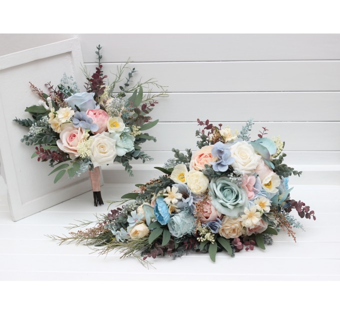 Summer Wedding Wildflower Cascading Bouquet | Dusty Blue, Blush Pink & Yellow Faux Bridal & Bridesmaid Bouquets