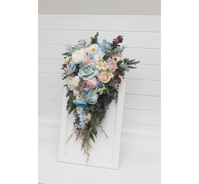 Summer Wedding Wildflower Cascading Bouquet | Dusty Blue, Blush Pink & Yellow Faux Bridal & Bridesmaid Bouquets