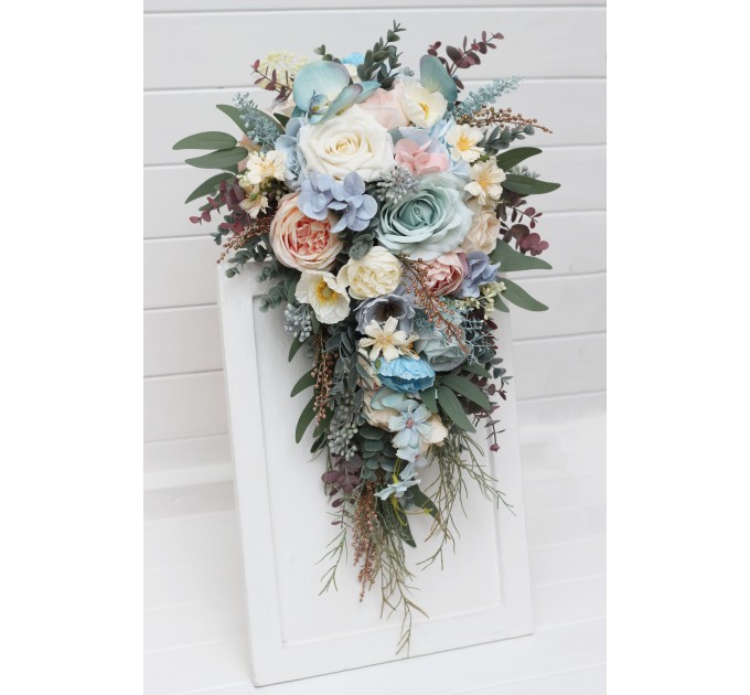 Summer Wedding Wildflower Cascading Bouquet | Dusty Blue, Blush Pink & Yellow Faux Bridal & Bridesmaid Bouquets