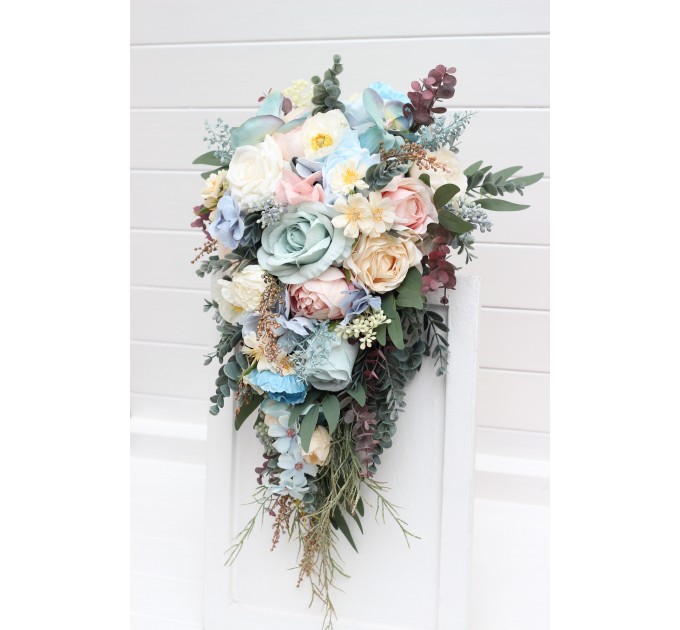 Summer Wedding Wildflower Cascading Bouquet | Dusty Blue, Blush Pink & Yellow Faux Bridal & Bridesmaid Bouquets