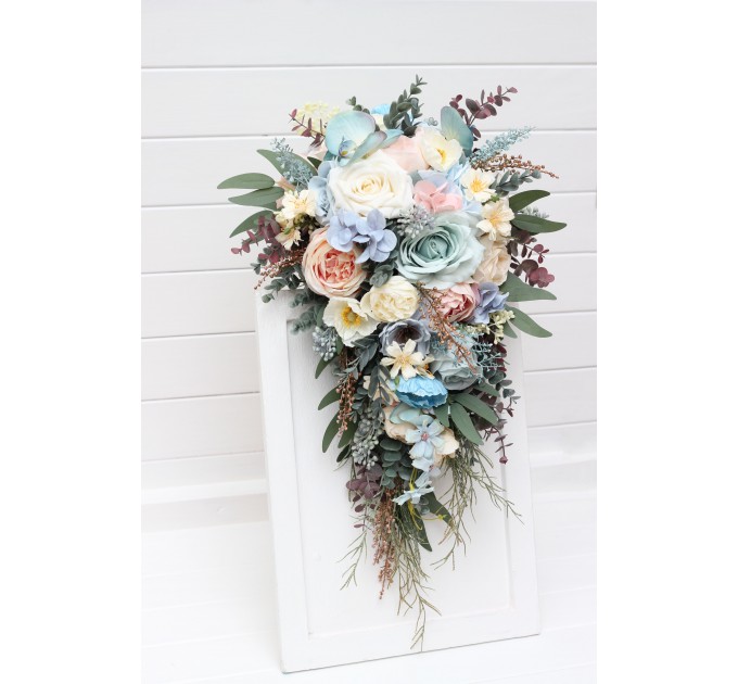 Summer Wedding Wildflower Cascading Bouquet | Dusty Blue, Blush Pink & Yellow Faux Bridal & Bridesmaid Bouquets