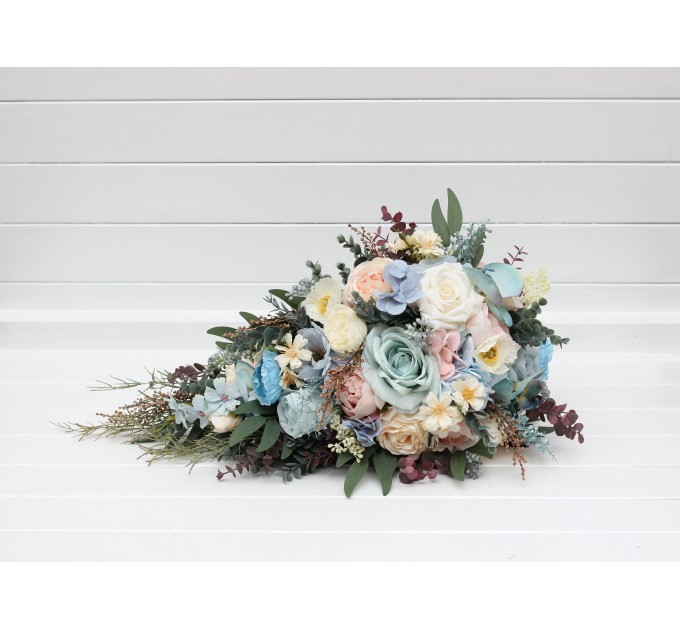 Summer Wedding Wildflower Cascading Bouquet | Dusty Blue, Blush Pink & Yellow Faux Bridal & Bridesmaid Bouquets