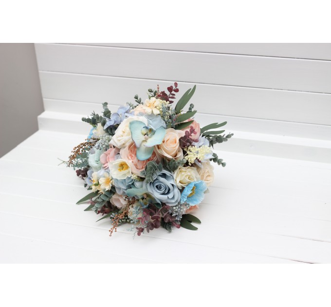 Summer Wedding Wildflower Cascading Bouquet | Dusty Blue, Blush Pink & Yellow Faux Bridal & Bridesmaid Bouquets