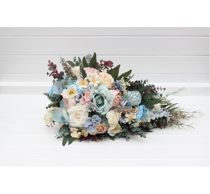 Summer wedding.  Wildflowers cascading bouquet. Colorful bouquet. Dusty blue blush pink yellow bouquet. Bridal bouquet. Bridesmaid bouquet. 5259