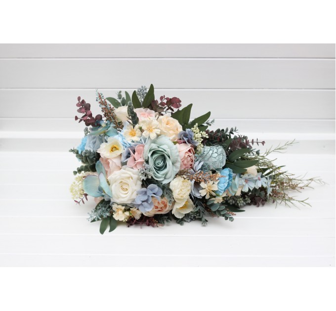 Summer Wedding Wildflower Cascading Bouquet | Dusty Blue, Blush Pink & Yellow Faux Bridal & Bridesmaid Bouquets