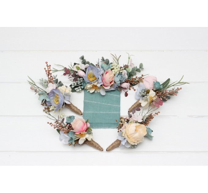Wedding Boutonnieres & Wrist Corsage in Dusty Blue, Blush Pink & Yellow | Wildflower Faux Flower Accessories