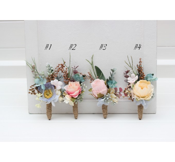 Wedding Boutonnieres & Wrist Corsage in Dusty Blue, Blush Pink & Yellow | Wildflower Faux Flower Accessories
