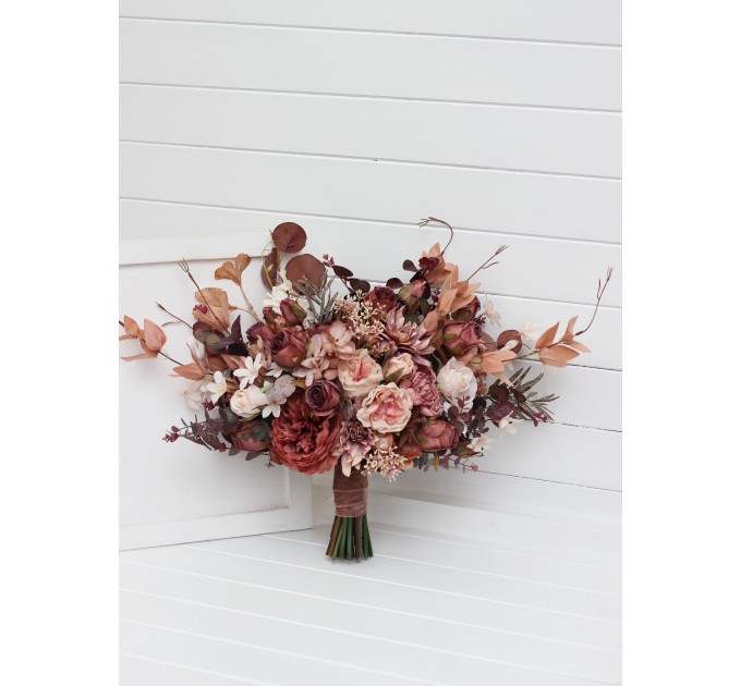 Wedding bouquets in beige terracotta, blush pink and dusty rose colors. Bridal bouquet. Cascading bouquet. Faux bouquet. Bridesmaid bouquet. 5255