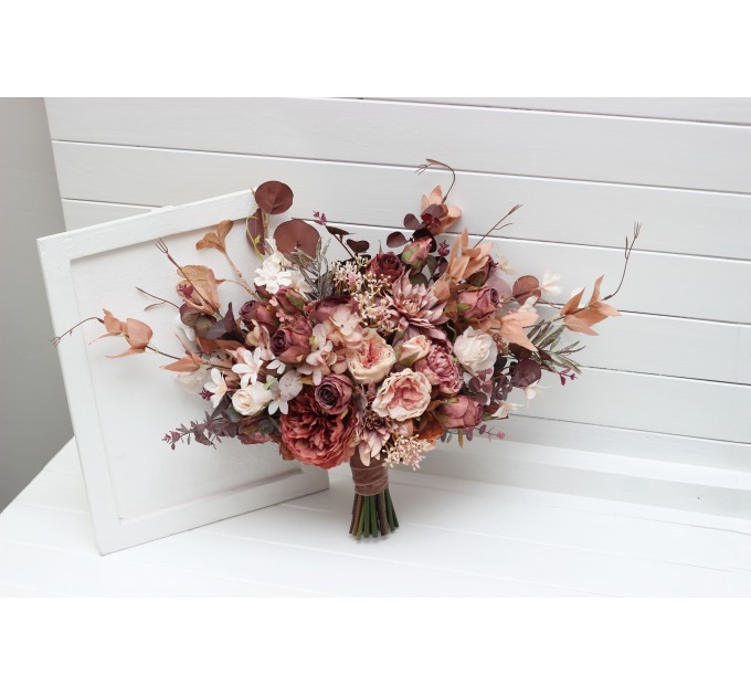 Wedding bouquets in beige terracotta, blush pink and dusty rose colors. Bridal bouquet. Cascading bouquet. Faux bouquet. Bridesmaid bouquet. 5255